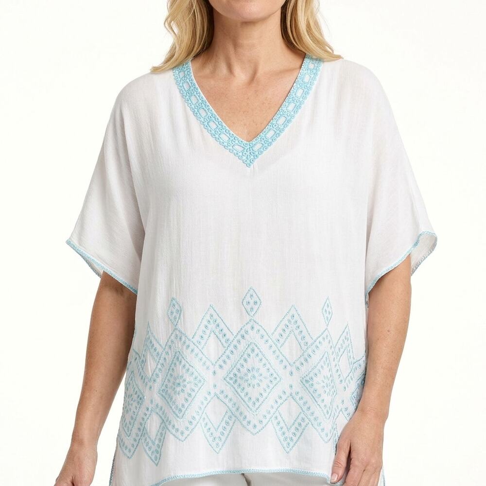 Chico's Beaded Embroidered Caftan Short Sleeve Women See Measurements